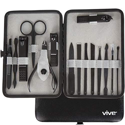 Vive Nail Clipper Set (15 Piece) - Manicure Repair Tools for Grooming, Pedicures, Toe Care, Women, Men, Girls - with Fingernail File, Clipper, Cuticle Trimmer, Tweezers, Ear Pick - for Travel, Home