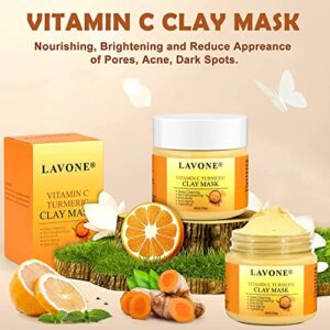 LAVONE Turmeric Vitamin C Clay Mask, Face Mask Skin Care with Vitamin C, Aloe and Turmeric Extract for Dark Spots, Ances, Blackheads, Controlling Oil and Refining Pores 4 Oz, for All Skin Types.