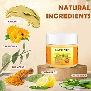 LAVONE Turmeric Vitamin C Clay Mask, Face Mask Skin Care with Vitamin C, Aloe and Turmeric Extract for Dark Spots, Ances, Blackheads, Controlling Oil and Refining Pores 4 Oz, for All Skin Types.