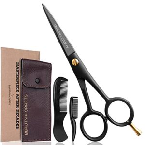 beauty & crafts- 5” german beard mustache scissor- 2 mustache combs for facial hair with beautiful pouch – beard trimming scissors use for grooming, cutting, and styling of mustache (black)