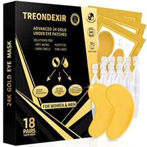 24k gold under eye patches for puffy eyes treatment 18 pairs w/serum vials, under eye masks for dark circles and puffiness, eye gel pads w/caffeine, vitamins for under eye bags treatment