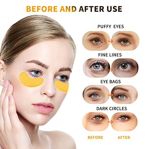 24K Gold Under Eye Patches for Puffy Eyes Treatment 18 Pairs w/Serum Vials, Under Eye Masks for Dark Circles and Puffiness, Eye Gel Pads w/Caffeine, Vitamins for Under Eye Bags Treatment