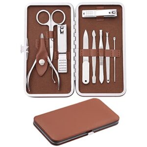 manicure set, familife manicure kit – nail kit mens grooming kit pedicure kit 9pcs gifts for men boyfriend nail clipper set stainless steel professional nail set care manicure tools leather case brown