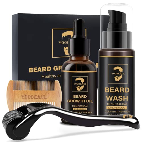 YOOBEAUL Beard Growth Kit, Derma Roller for Beard Growth, Biotin Beard Growth Oil for Patchy Beard, Beard Wash, Wooden Beard Comb, Beard Kit, Stocking Stuffers Birthday Gifts for Fathers Dad Men Him