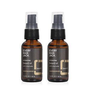 every man jack mens beard oil – subtle sandalwood fragrance – deeply moisturizes and softens your beard and adds a natural shine – naturally derived with shea butter- 1.0-ounce twin pack