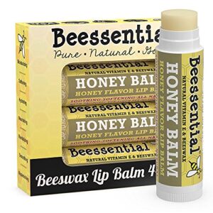 beessential all natural lip balm, honey, 4 pack | for dry and chapped lips, great for men, women, and children, moisturizing beeswax, coconut, shea and cupuacu butter
