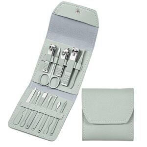 ZZZRCGS manucure pedicure set for women nail kit manicure nail tool set nail products travel nail clippers mani pedi kit at home manicure kit nail clipper set 12 in 1 leather bag (Matcha green)