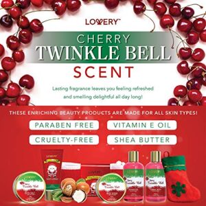 Bath and Body Christmas Gift Basket For Women and Men – Cherry Twinkle Bell Home Spa Set, Includes Fragrant Body Lotions, Bath Salts, Stocking Stuffer, Loofah Scrubber and More