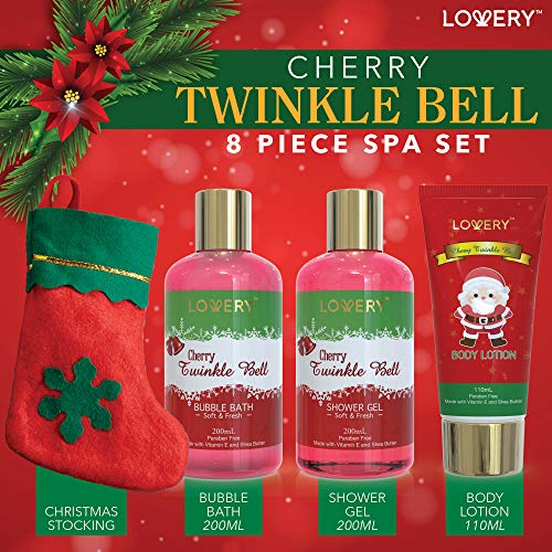 Bath and Body Christmas Gift Basket For Women and Men – Cherry Twinkle Bell Home Spa Set, Includes Fragrant Body Lotions, Bath Salts, Stocking Stuffer, Loofah Scrubber and More