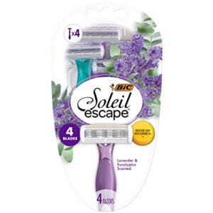 bic soleil escape women’s disposable razors, 4 blade ladies razors, moisture strip with 100% natural almond oil, lavender and eucalyptus scented handles, 4 pack