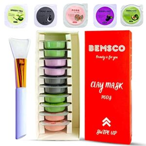 bemsco clay mask kit dead sea, green tea, avocado, rose, eggplant mask, face mask skin care for acne treatment, pore cleaner, blackhead remover, face moisturizer- 2 ea/10 pods- 1 brush