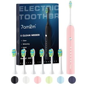 7am2m sonic electric toothbrush for adults and kids, stocking stuffers for adults, with 6 brush heads, 5 modes with 2 minutes build in smart timer, roman column handle design (pink)