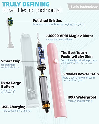 7AM2M Sonic Electric Toothbrush for Adults and Kids, Stocking Stuffers for Adults, with 6 Brush Heads, 5 Modes with 2 Minutes Build in Smart Timer, Roman Column Handle Design (Pink)