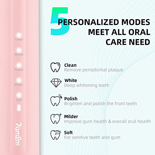 7AM2M Sonic Electric Toothbrush for Adults and Kids, Stocking Stuffers for Adults, with 6 Brush Heads, 5 Modes with 2 Minutes Build in Smart Timer, Roman Column Handle Design (Pink)