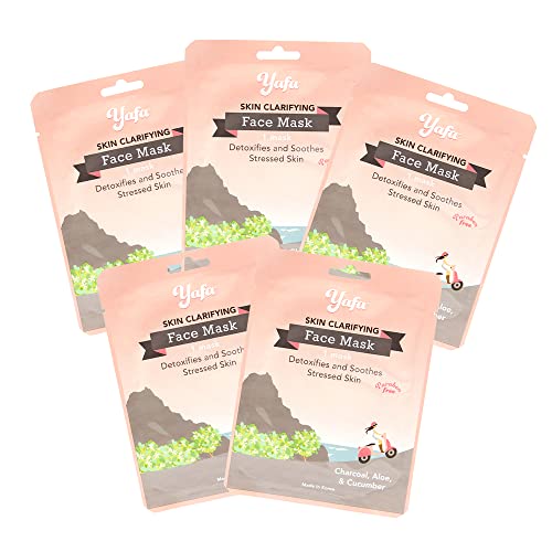 yafa Clarifying Face Sheet Masks with Charcoal, Aloe, Cucumber, Soothing and Detoxifying Korean Skincare for Acne Prone or Stressed Skin, Natural Facial Mask Beauty Treatment, Set of 5