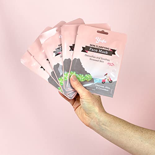 yafa Clarifying Face Sheet Masks with Charcoal, Aloe, Cucumber, Soothing and Detoxifying Korean Skincare for Acne Prone or Stressed Skin, Natural Facial Mask Beauty Treatment, Set of 5