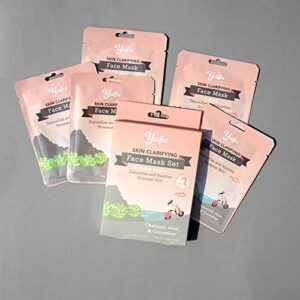 yafa Clarifying Face Sheet Masks with Charcoal, Aloe, Cucumber, Soothing and Detoxifying Korean Skincare for Acne Prone or Stressed Skin, Natural Facial Mask Beauty Treatment, Set of 5