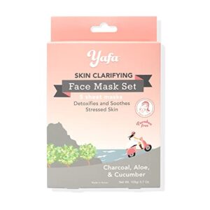yafa Clarifying Face Sheet Masks with Charcoal, Aloe, Cucumber, Soothing and Detoxifying Korean Skincare for Acne Prone or Stressed Skin, Natural Facial Mask Beauty Treatment, Set of 5