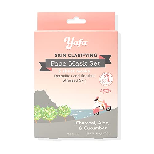 yafa Clarifying Face Sheet Masks with Charcoal, Aloe, Cucumber, Soothing and Detoxifying Korean Skincare for Acne Prone or Stressed Skin, Natural Facial Mask Beauty Treatment, Set of 5