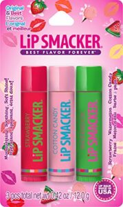 lip smackers flavored lip balm trio original & best, strawberry watermelon, cotton candy, clear matte, for kids, women, men,3 count (pack of 1)