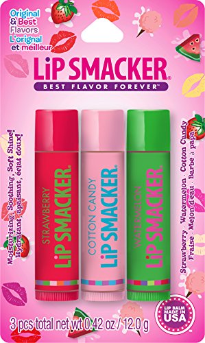 Lip Smackers Flavored Lip Balm Trio Original & Best, Strawberry Watermelon, Cotton Candy, Clear Matte, For Kids, Women, Men,3 Count (Pack of 1)