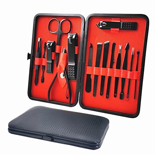 SHICEN Manicure Set, Professional Nail Clippers Kit, Pedicure Care Tools,Manicure Set for Men and Women-Premium Stainless Steel with Black Leather Travel Case Set 15PC Great Gift(Black)