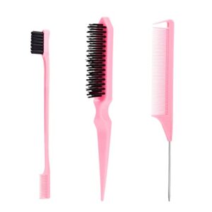 sweet view 3 pcs slick back hair brush set with 1 pcs edge brush 1 pcs bristle hair brush 1 pcs rat tail comb, teasing brush set for smoothing baby hair & flyaways – pink