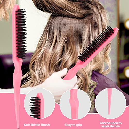 SWEET VIEW 3 Pcs Slick Back Hair Brush Set with 1 Pcs Edge Brush 1 Pcs Bristle Hair Brush 1 Pcs Rat Tail Comb, Teasing Brush Set for Smoothing Baby Hair & Flyaways - Pink