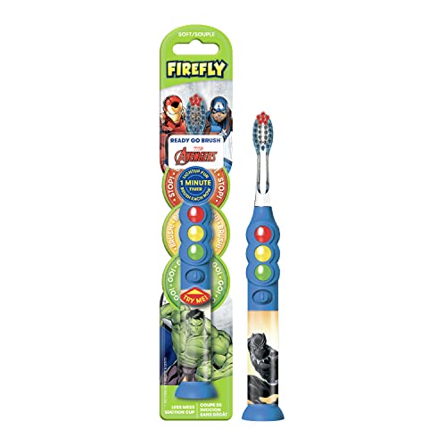 Firefly Ready Go Light Up Timer Toothbrush, Avengers, Premium Soft Bristles, 1 Minute Timer, Less Mess Suction Cup, Battery Included, Easy Storage, Dentist Recommended, For Ages 3+(Character May Vary)