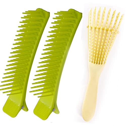 Mix Match Detangling Hair Brush Set Detangler Comb for Women, Men and Kids - Wet & Dry – Removes Knots and Tangles, Best for Thick and Curly Hair – Pain Free 3 Pcs No Slip Professional Hair Salon Styling Grip Comb Clips/Brush for Coloring and Braiding all