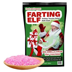 farting elf bath salts soak – holiday stress relief gag gift for adults – funny christmas gifts for friends – fresh and fragrant white elephant stocking stuffer, pink rose
