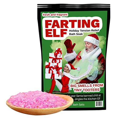 Farting Elf Bath Salts Soak - Holiday Stress Relief Gag Gift for Adults - Funny Christmas Gifts for Friends - Fresh and Fragrant White Elephant Stocking Stuffer, Pink Rose