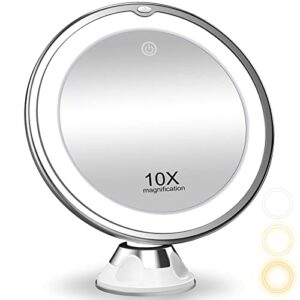 wrsngh 10x magnifying makeup mirror with lights, 3 color lighting, bathroom shower mirror with suction cup, intelligent switch, 360 degree rotation, portable for detailed makeup, close skincare