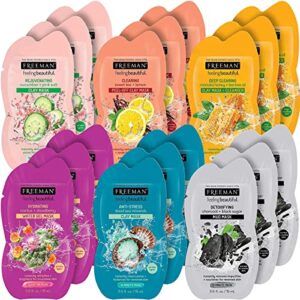 freeman facial mask variety pack: clay, gel, mud, & peel-off skincare masks, hydrating, detoxifying, clearing, & rejuvenating, travel-friendly sachets, 18 count