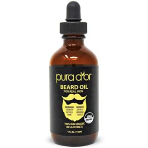 pura d’or organic beard oil (4oz / 118ml) 100% pure – usda certified – natural leave-in conditioner, argan & jojoba oil – mustache care & maintenance, increase softness & strength (packaging may vary)