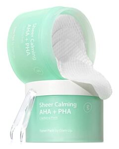 glam up aha+pha exfoliating facial toner pads for sensitive skin | sheer calming vegan korean skincare toner pads for acne prone skin and pore cleansing (65 pads)