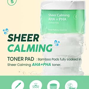 Glam Up AHA+PHA Exfoliating Facial Toner Pads for Sensitive Skin | Sheer Calming Vegan Korean Skincare Toner Pads for Acne Prone Skin and Pore Cleansing (65 Pads)