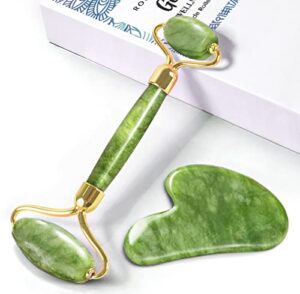 roselynboutique gua sha & massage stick face roller for face – certified jade natural healing crystal self care gifts – facial skin care tools relaxing relieve wrinkles (green)