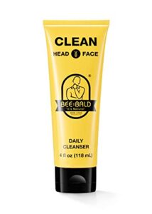 bee bald clean daily cleanser for face & head refreshes and thoroughly cleanses by gently scrubbing away dry, flaky skin, leaving a fresh, tingling sensation and smell of ‘clean’, 4 fl. oz.