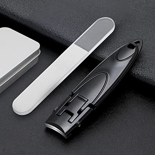 Ultra Wide Jaw Opening Ultra-Thin Portable Nail Clippers & Nano Nail File Toenail Clippers for Thick Nails Cutter for Ingrown Manicure, Pedicure, Men & Women (Thin-Black)