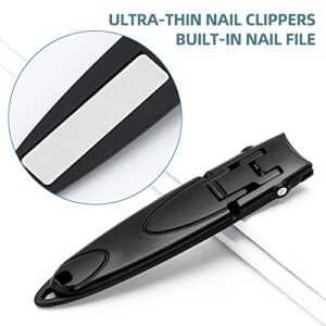 Ultra Wide Jaw Opening Ultra-Thin Portable Nail Clippers & Nano Nail File Toenail Clippers for Thick Nails Cutter for Ingrown Manicure, Pedicure, Men & Women (Thin-Black)