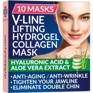 10 piece v line shaping face masks – double chin reducer – lifting hydrogel collagen mask with aloe vera, anti-aging and anti-wrinkle band