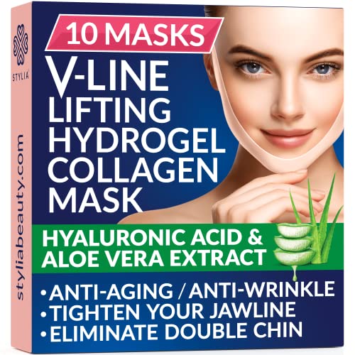 10 Piece V Line Shaping Face Masks - Double Chin Reducer - Lifting Hydrogel Collagen Mask with Aloe Vera, Anti-Aging and Anti-Wrinkle Band