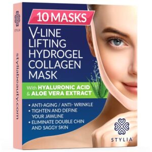 10 Piece V Line Shaping Face Masks - Double Chin Reducer - Lifting Hydrogel Collagen Mask with Aloe Vera, Anti-Aging and Anti-Wrinkle Band