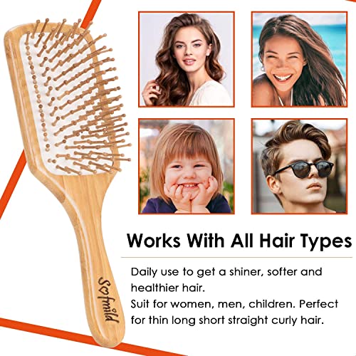 Hair Brush-Natural Wooden Bamboo Brush and Detangle Tail Comb Instead of Brush Cleaner Tool, Eco Friendly Paddle Hairbrush for Women Men and Kids Make Thin Long Curly Hair Health and Massage Scalp