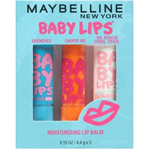 maybelline new york baby lips moisturizing lip balm 3-pack, lip care essentials, 3 shades,multi-shade,0.15 ounce (pack of 3)