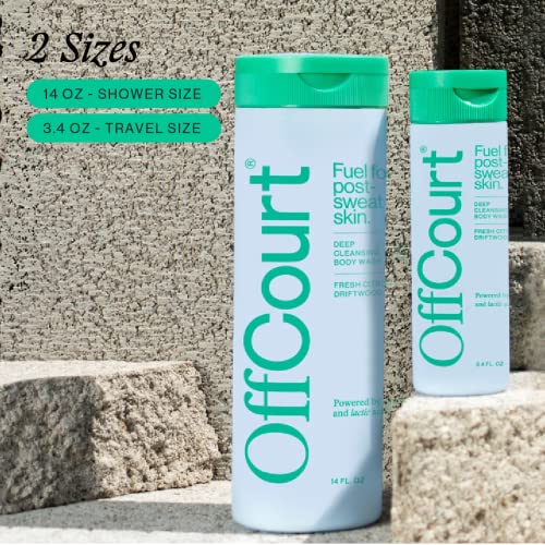 OffCourt Sulfate-Free Body Wash for Men & Women - Non-Drying Exfoliator with Glycolic & Lactic Acids Leaves Skin Fresh & Smooth with Fresh Citrus and Driftwood Scent, 3.4 Fl. Oz (Pack of 1)