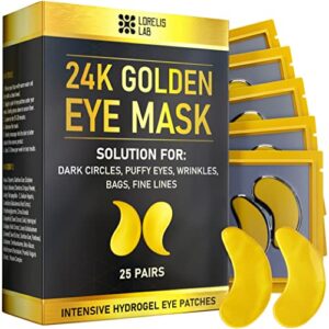 24k gold under eye mask – 25 pairs for puffy eyes, dark circles, eye bags, puffiness with collagen and vitamins – natural anti-aging eye pads – hydrating under eye patches – golden under eye gel pads