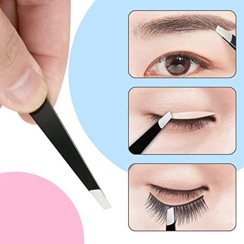 FIVETAS Stainless Steel Tweezers for Eyebrows-Slant Tweezer with Case for Women&Man,Great Precision on Brow,Facial Hair and Ingrown Hair Removal(Black)