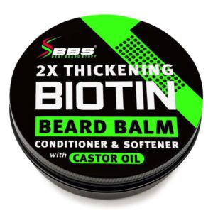 2x thickening biotin beard balm for men / mustache wax for thicker facial hair growth – leave in conditioner – softener – moisturizer – all natural care treatment – castor oil – bbs usa vegan product